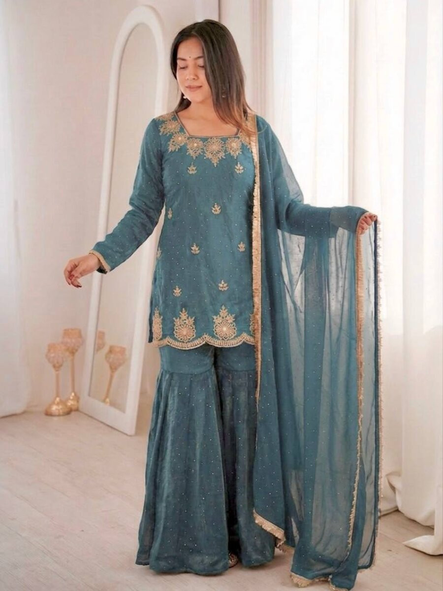 Blue Fendy Silk Embroidery Sequins Zarkan Stone Work Wedding Party Festival Casual Ready Sharara Pant Salwar Kameez