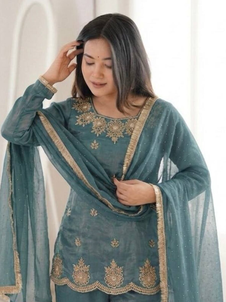 Blue Fendy Silk Embroidery Sequins Zarkan Stone Work Wedding Party Festival Casual Ready Sharara Pant Salwar Kameez