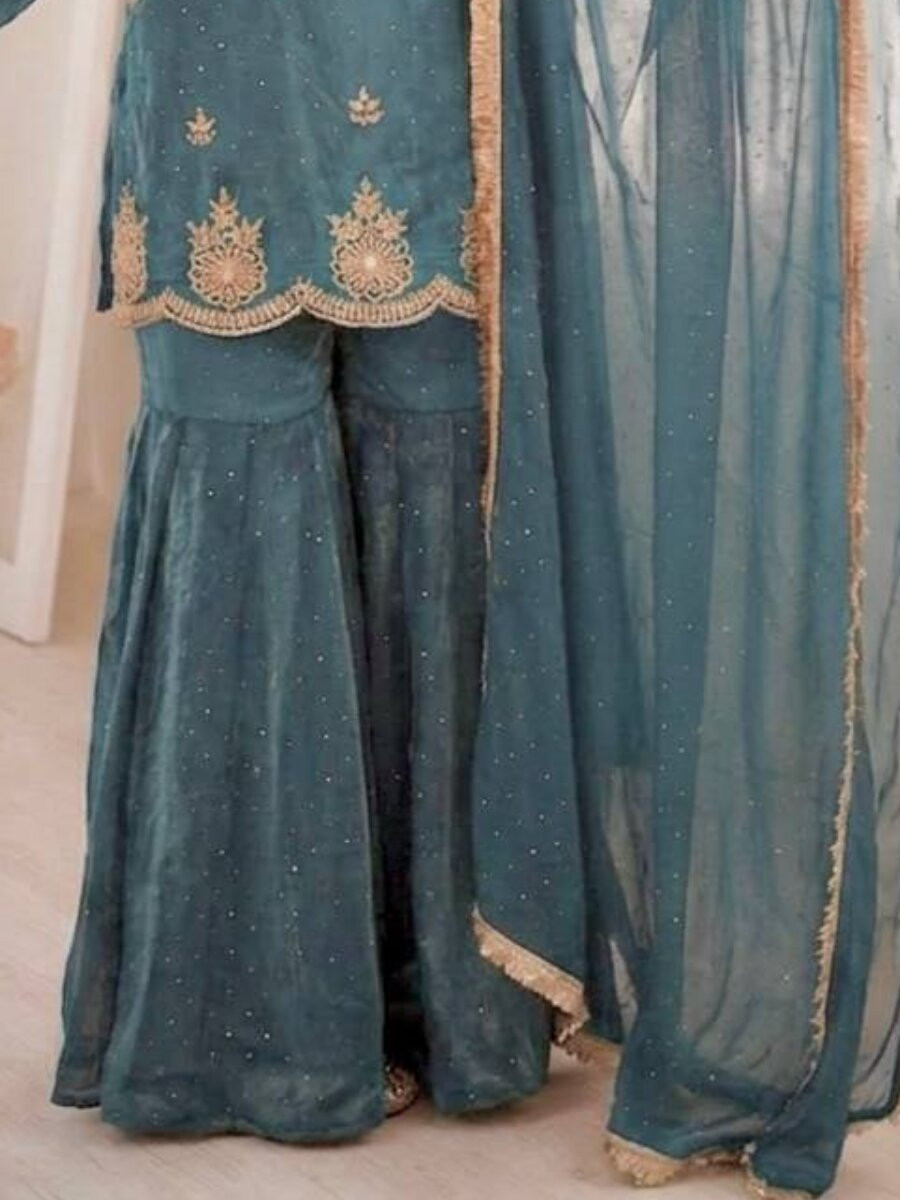 Blue Fendy Silk Embroidery Sequins Zarkan Stone Work Wedding Party Festival Casual Ready Sharara Pant Salwar Kameez