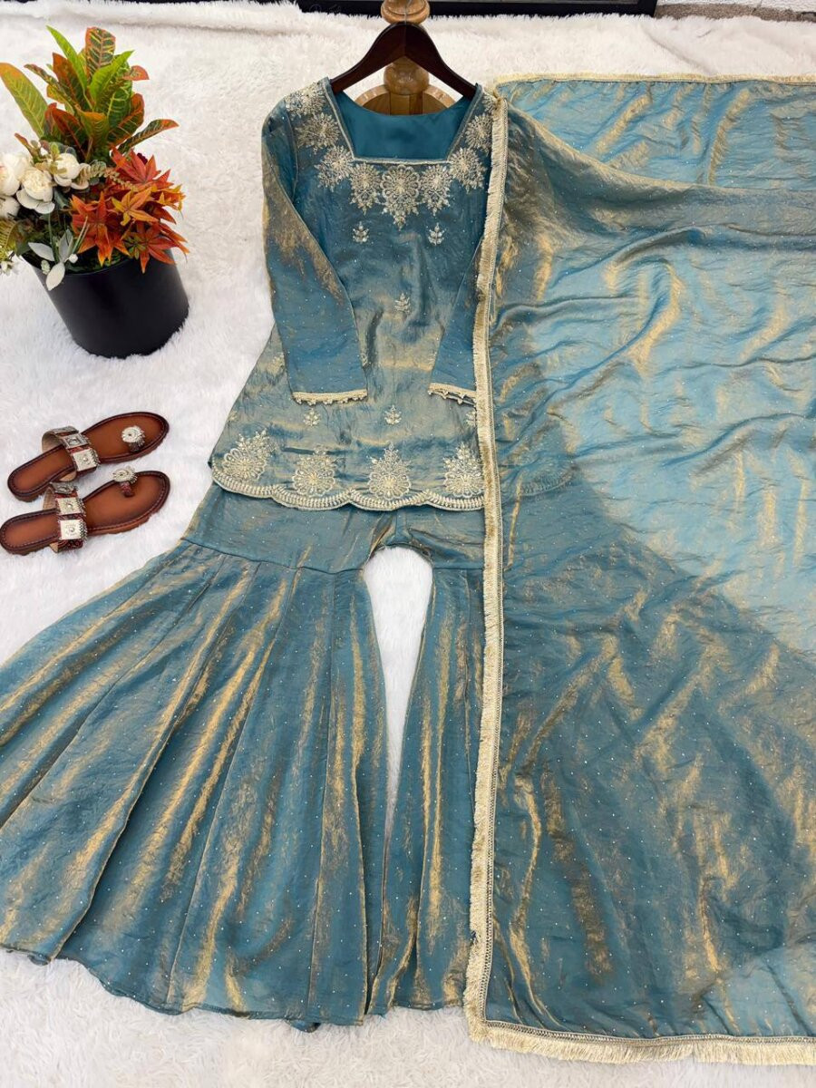 Blue Fendy Silk Embroidery Sequins Zarkan Stone Work Wedding Party Festival Casual Ready Sharara Pant Salwar Kameez