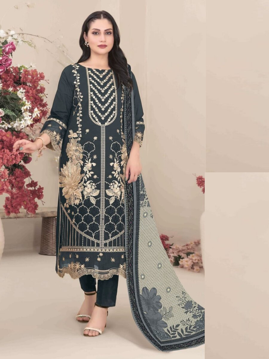 Blue Fox Georgette Embroidery Casual Festival Wedding Party Pant Salwar Kameez