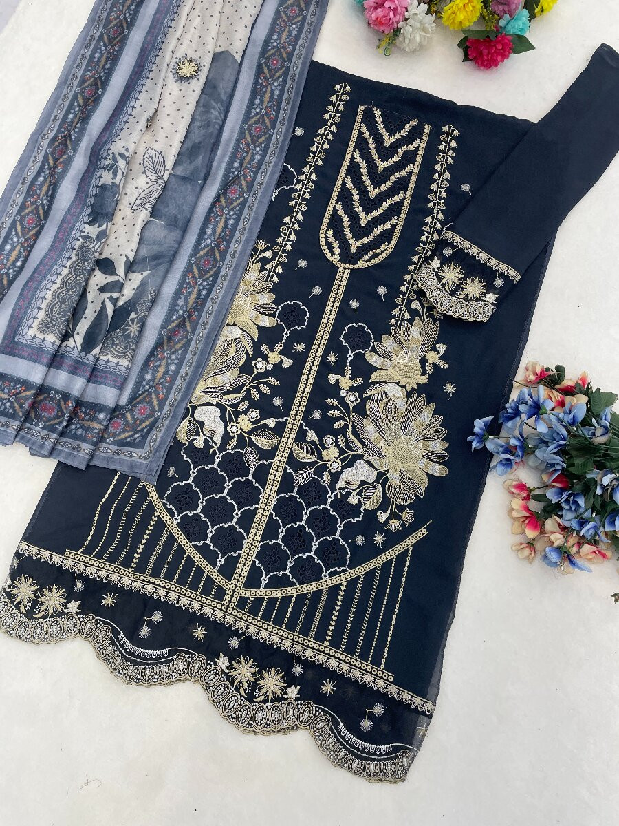 Blue Fox Georgette Embroidery Casual Festival Wedding Party Pant Salwar Kameez