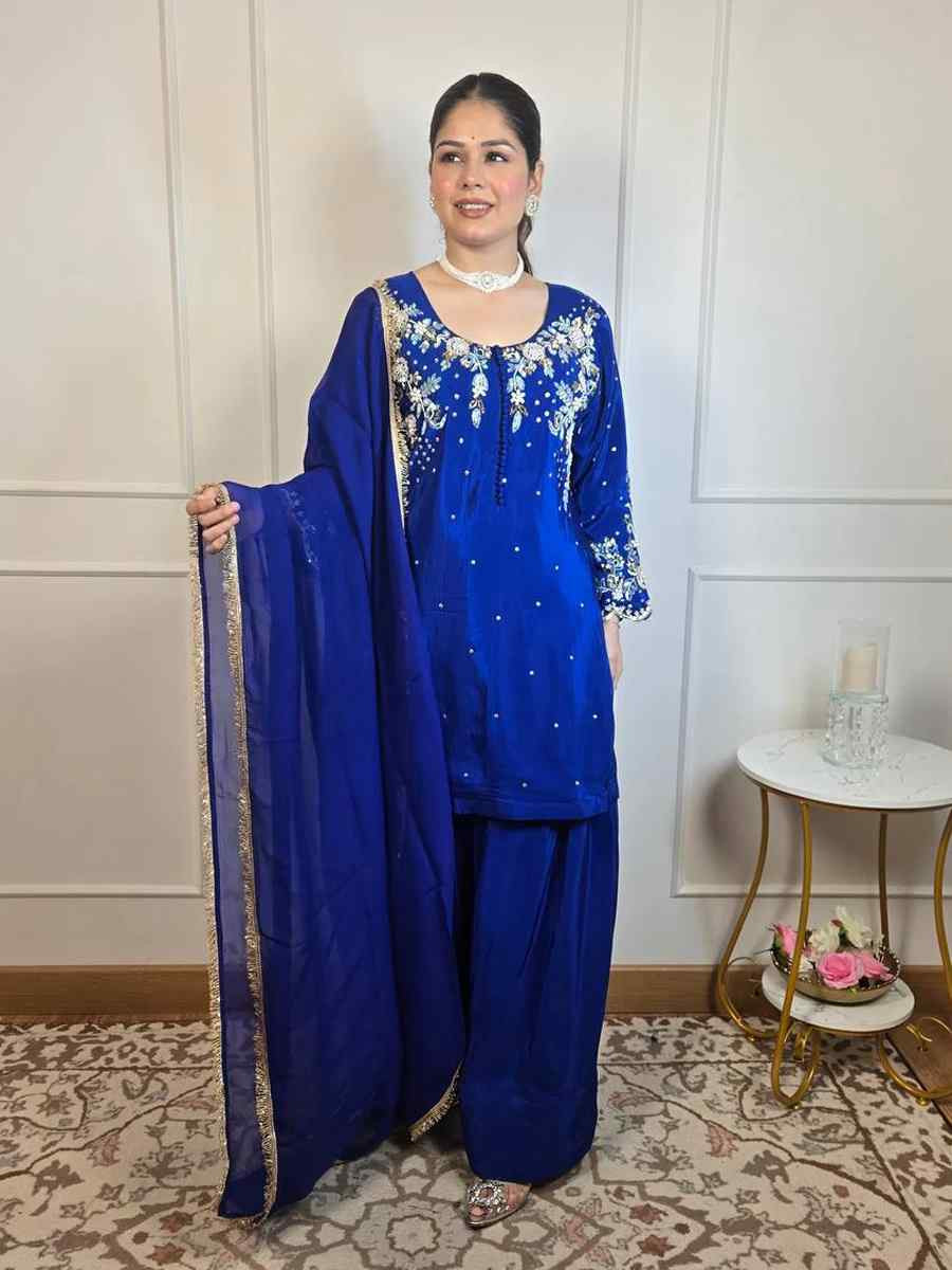Blue French Crepe Embroidered Festival Casual Ready Farsi Salwar Kameez