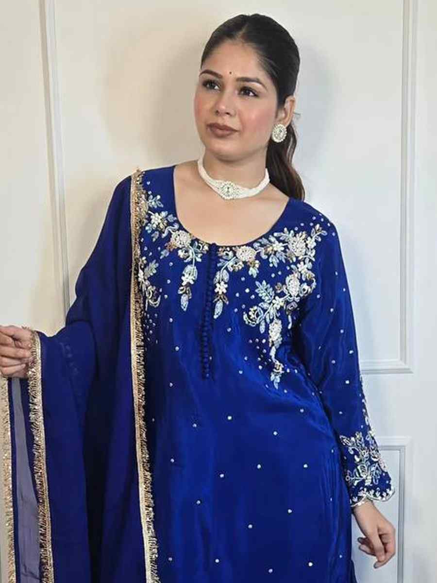 Blue French Crepe Embroidered Festival Casual Ready Farsi Salwar Kameez
