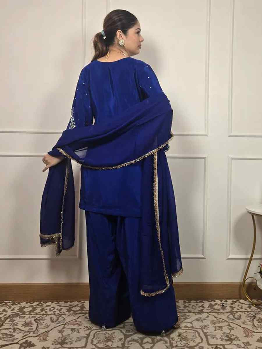 Blue French Crepe Embroidered Festival Casual Ready Farsi Salwar Kameez