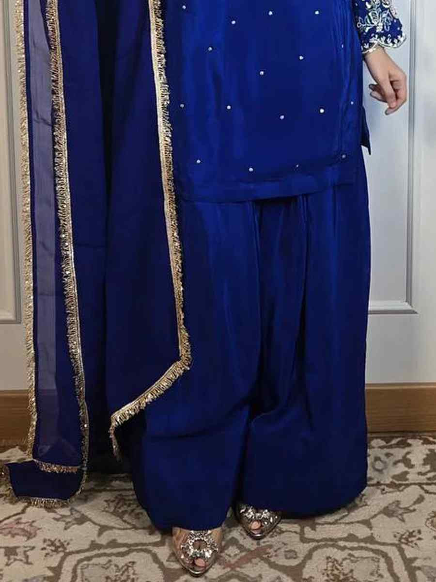 Blue French Crepe Embroidered Festival Casual Ready Farsi Salwar Kameez