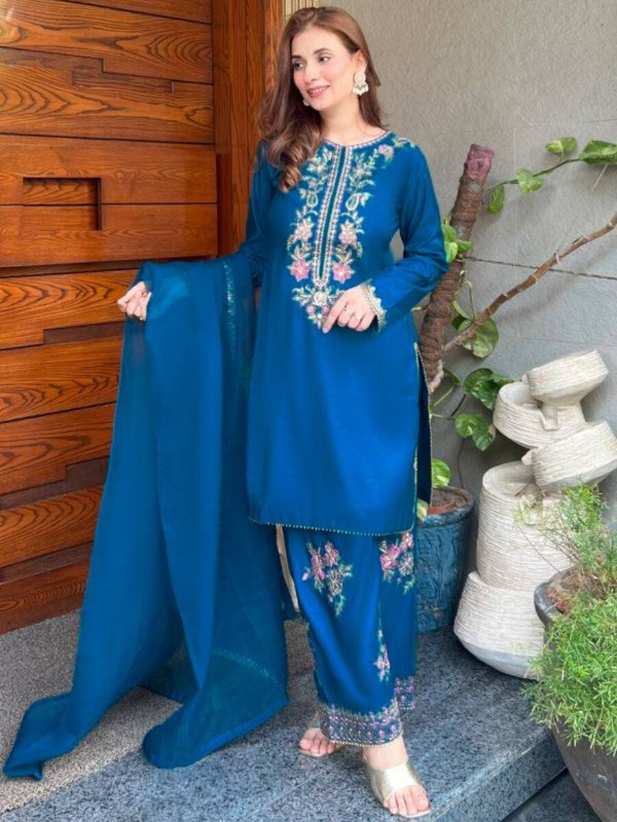 Blue French Crepe Embroidery Wedding Party Festival Casual Ready Palazzo Pant Salwar Kameez