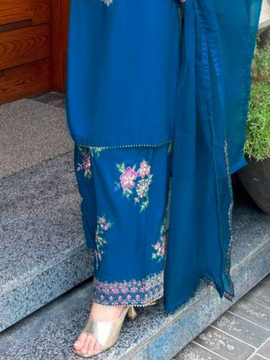 Blue French Crepe Embroidery Wedding Party Festival Casual Ready Palazzo Pant Salwar Kameez