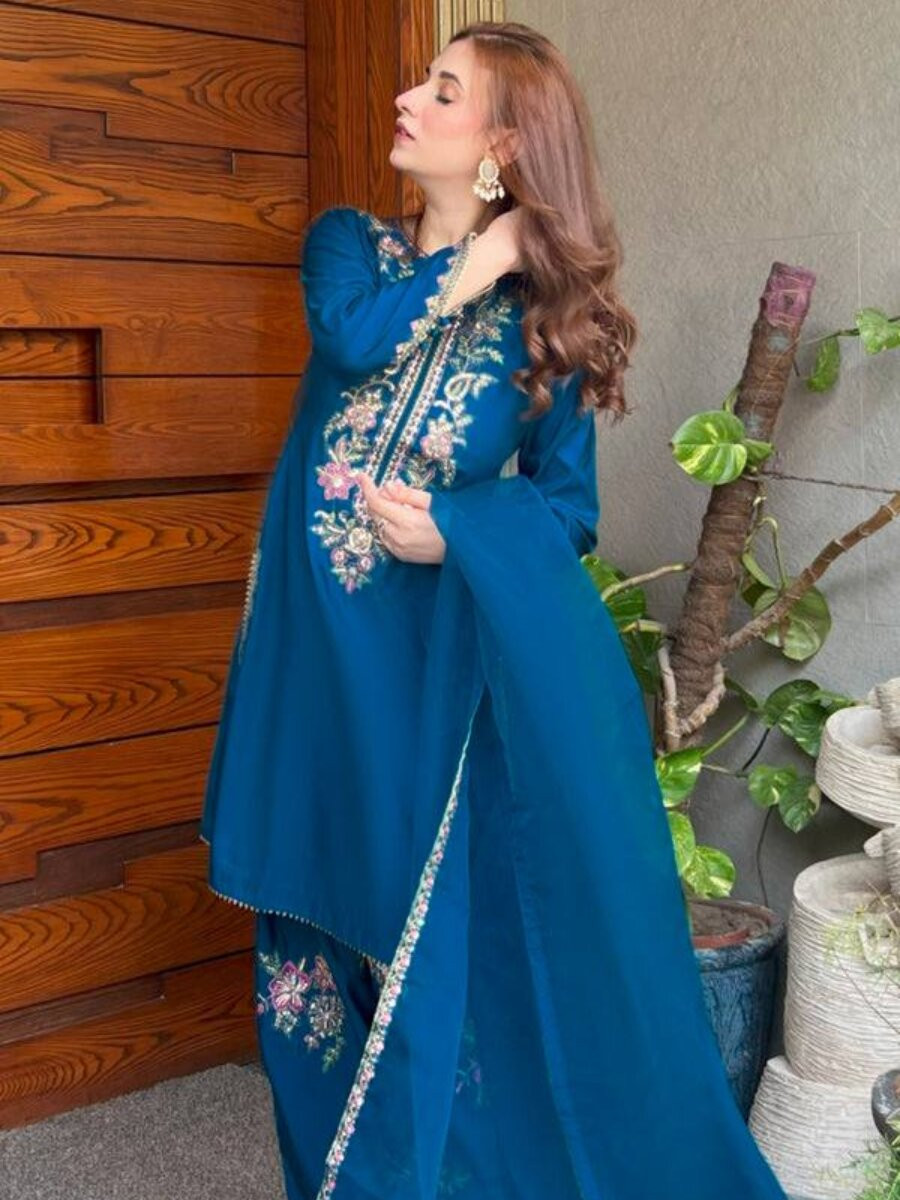 Blue French Crepe Embroidery Wedding Party Festival Casual Ready Palazzo Pant Salwar Kameez