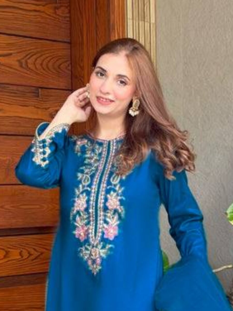 Blue French Crepe Embroidery Wedding Party Festival Casual Ready Palazzo Pant Salwar Kameez