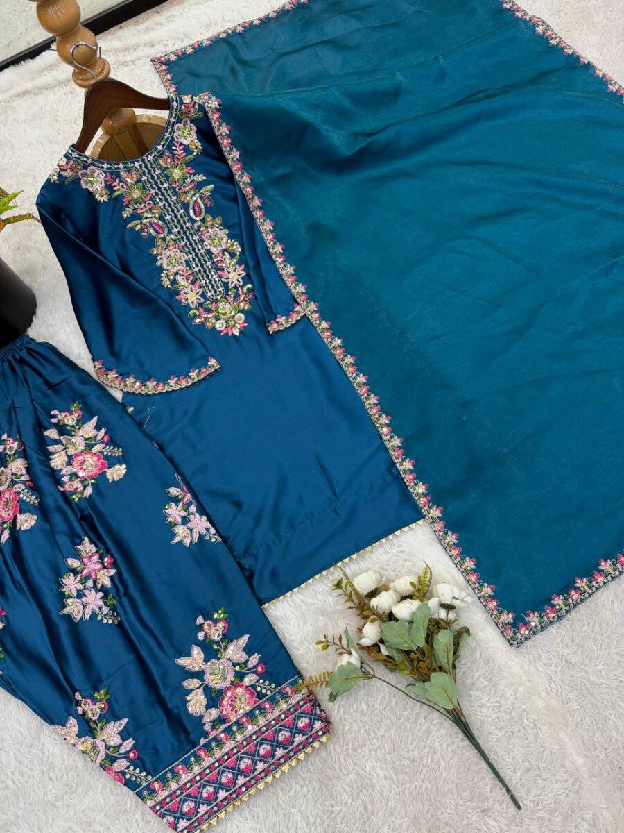 Blue French Crepe Embroidery Wedding Party Festival Casual Ready Palazzo Pant Salwar Kameez
