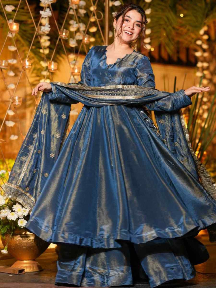 Image of Blue French Silk Plain Party Wedding Festival Casual Ready Anarkali Palazzo Pant Salwar Kameez