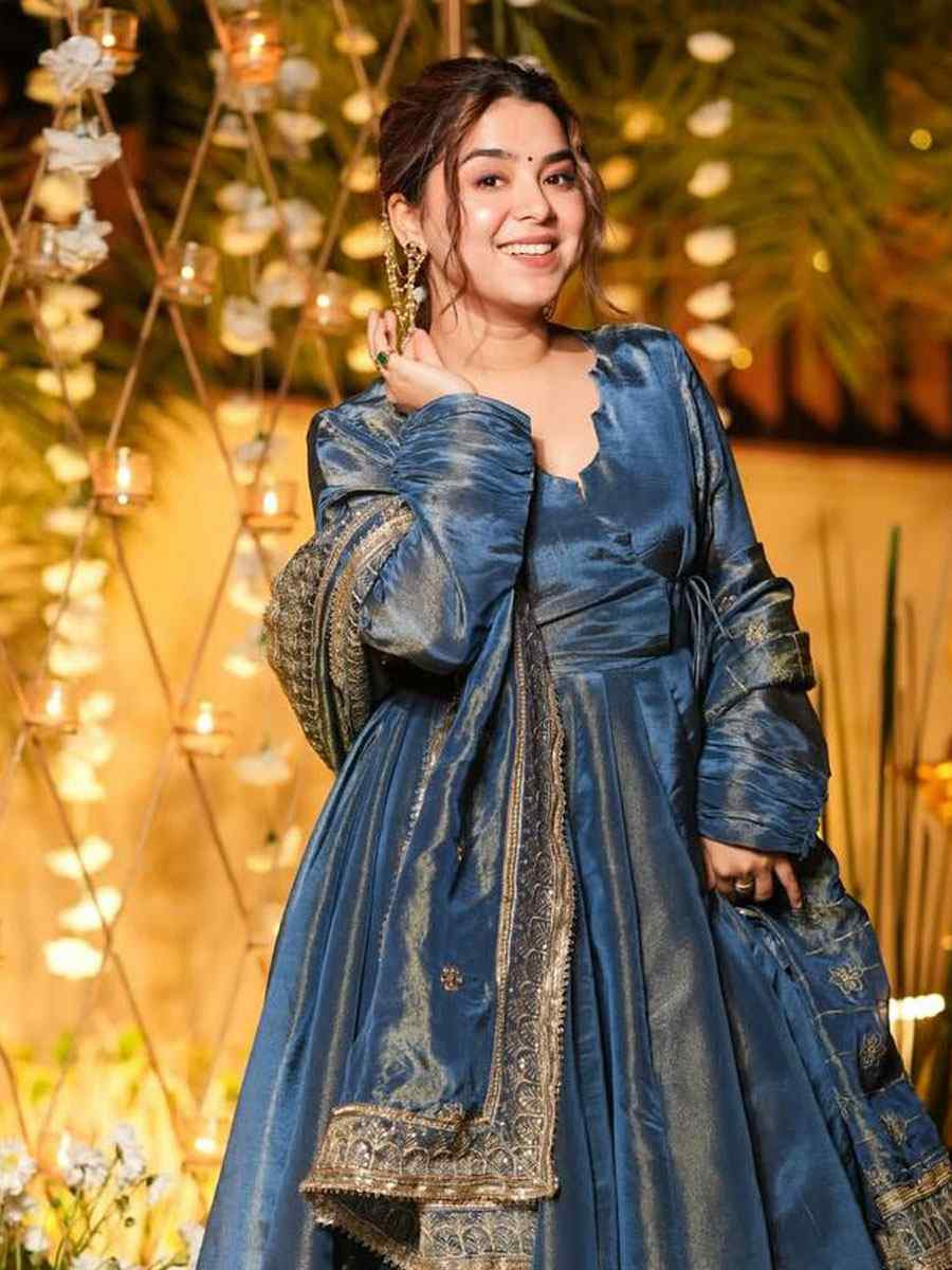 Blue French Silk Plain Party Wedding Festival Casual Ready Anarkali Palazzo Pant Salwar Kameez
