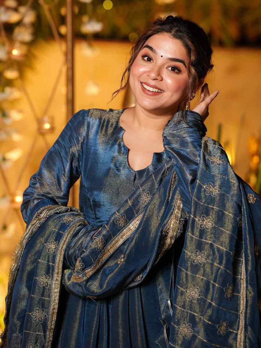 Blue French Silk Plain Party Wedding Festival Casual Ready Anarkali Palazzo Pant Salwar Kameez