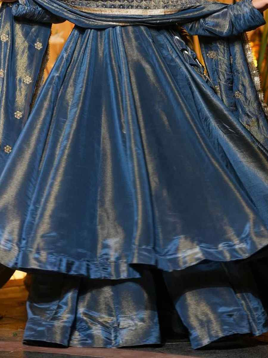 Blue French Silk Plain Party Wedding Festival Casual Ready Anarkali Palazzo Pant Salwar Kameez