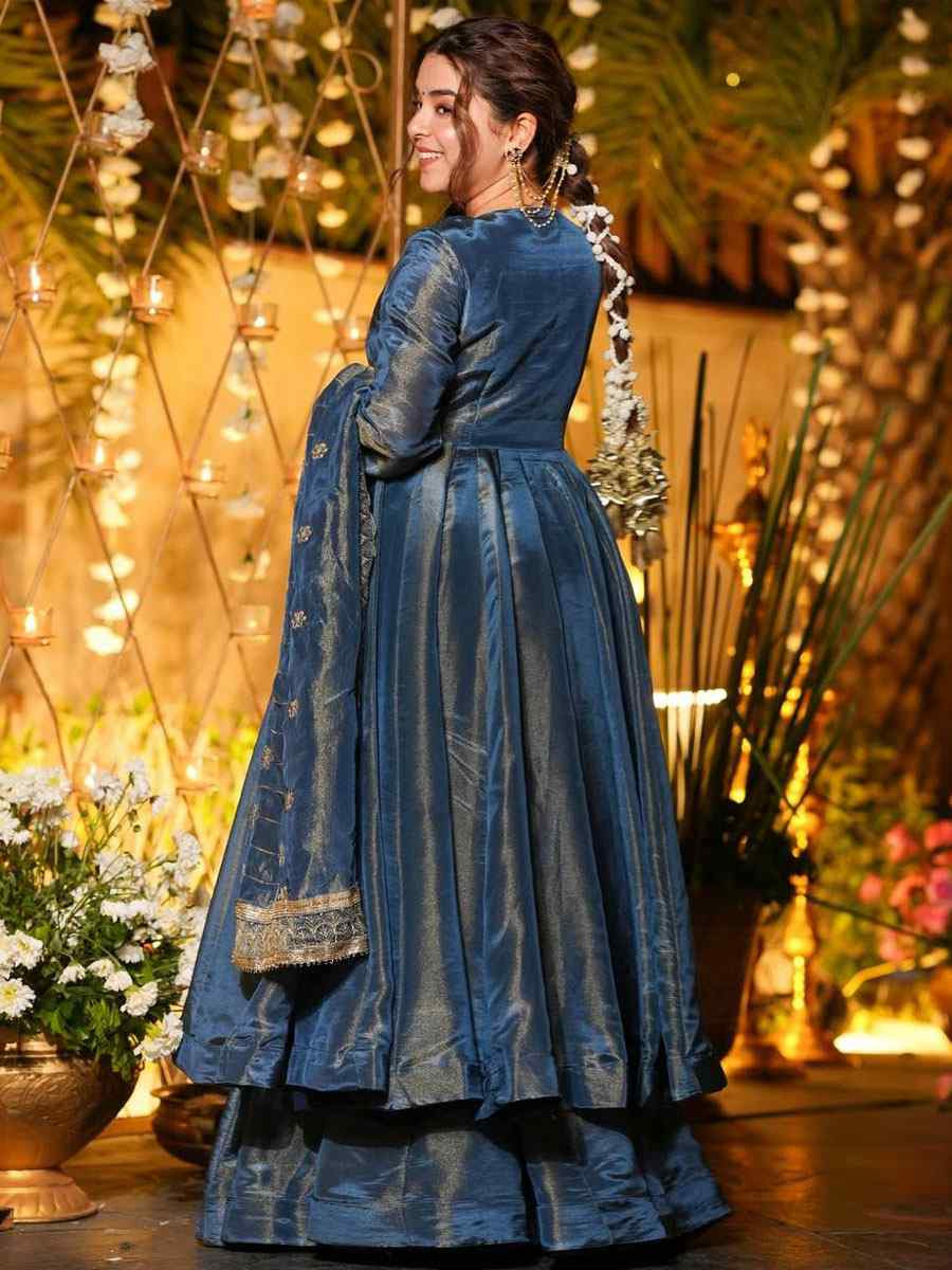 Blue French Silk Plain Party Wedding Festival Casual Ready Anarkali Palazzo Pant Salwar Kameez