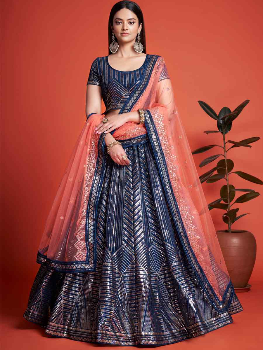 Blue Georgette Embroidered Bridesmaid Reception Heavy Border Lehenga Choli