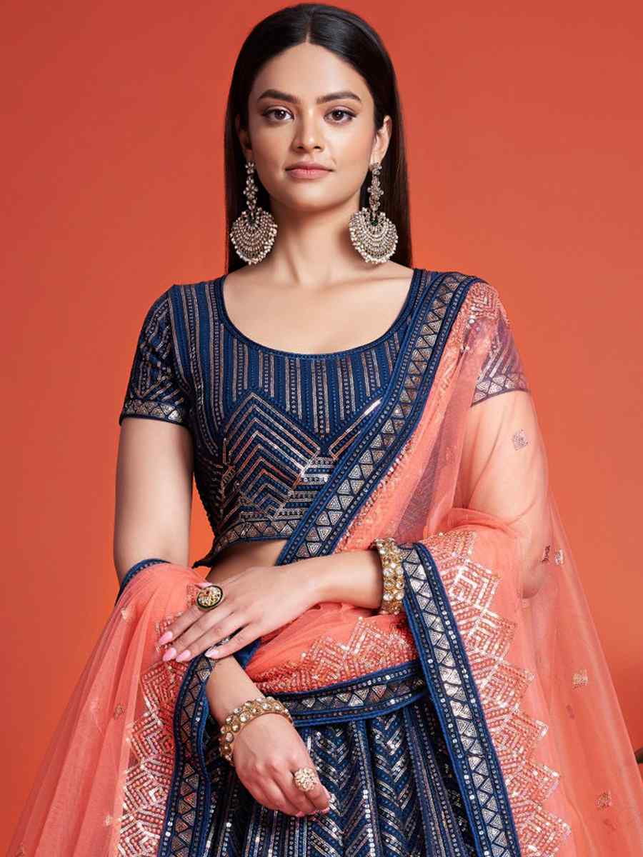 Blue Georgette Embroidered Bridesmaid Reception Heavy Border Lehenga Choli