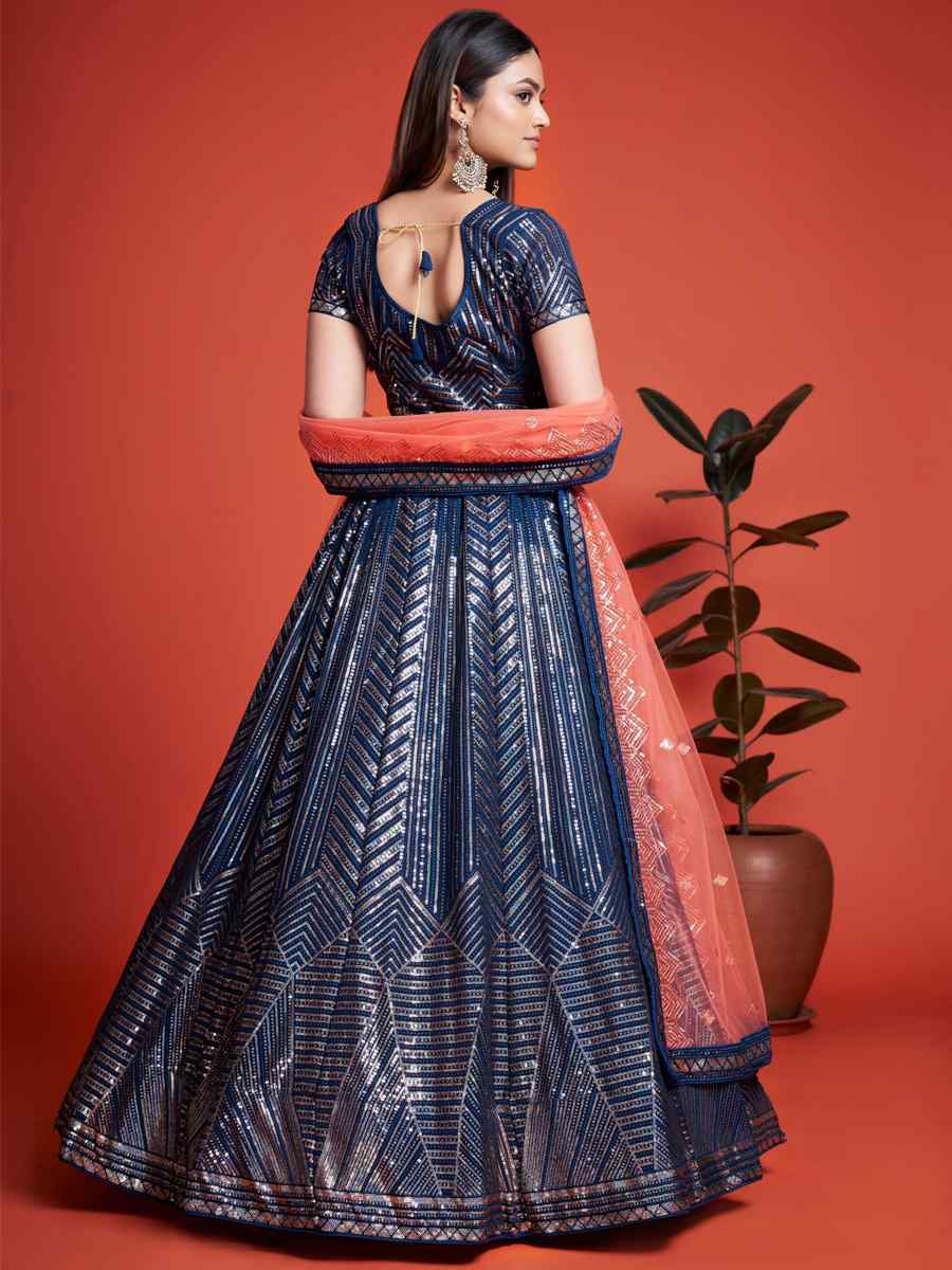Blue Georgette Embroidered Bridesmaid Reception Heavy Border Lehenga Choli