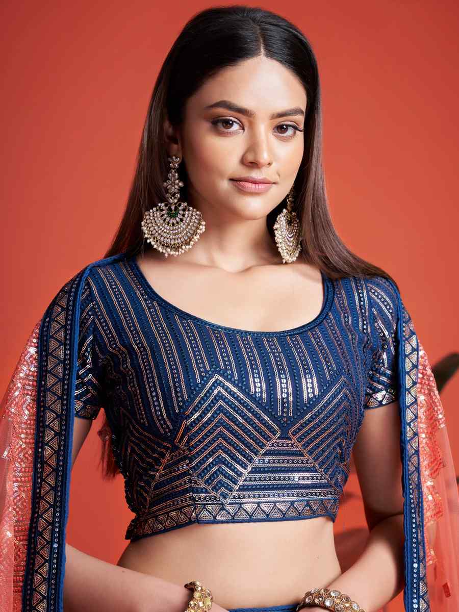 Blue Georgette Embroidered Bridesmaid Reception Heavy Border Lehenga Choli