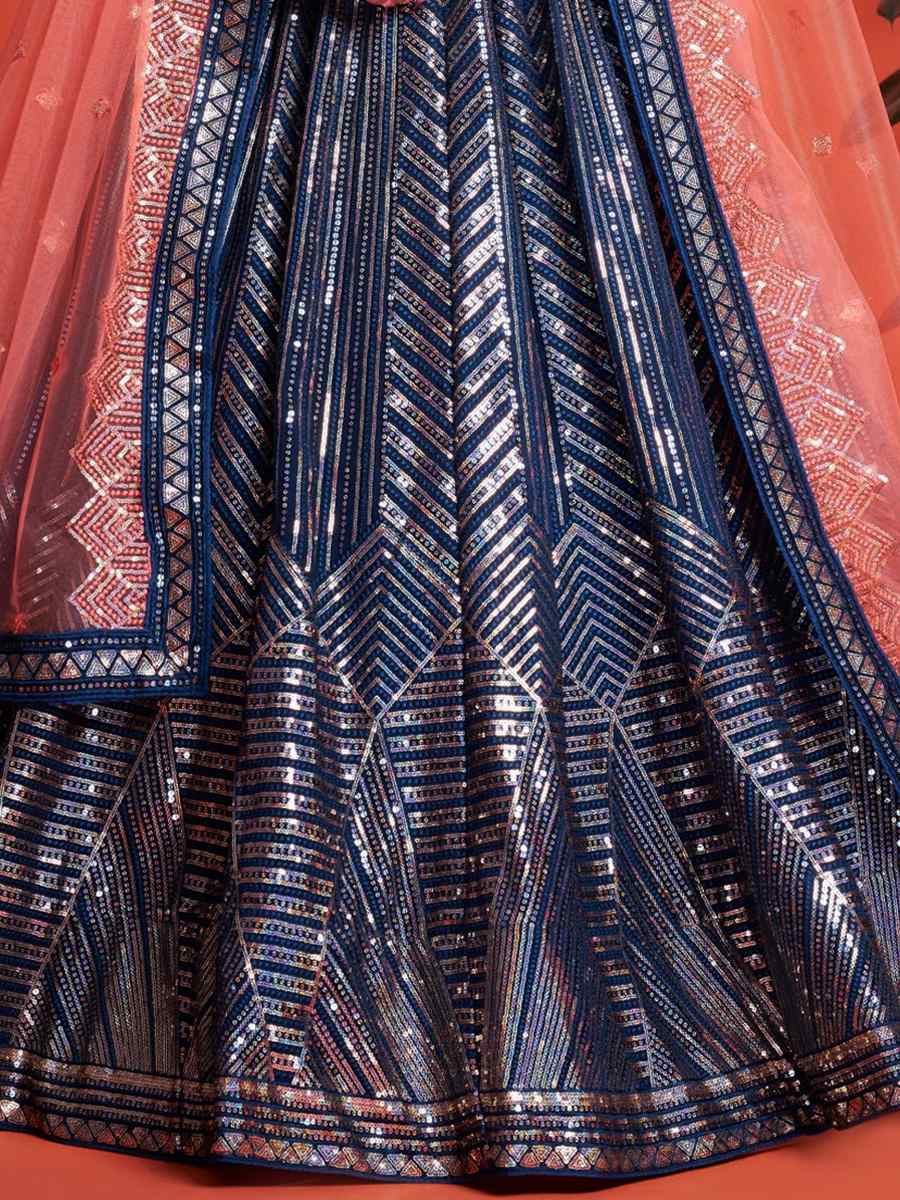 Blue Georgette Embroidered Bridesmaid Reception Heavy Border Lehenga Choli