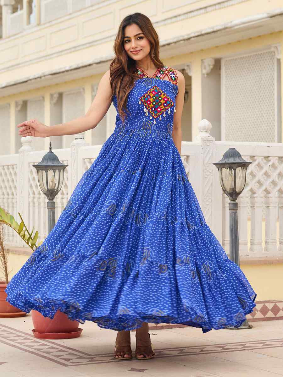 Blue Georgette Embroidered Festival Casual Gown