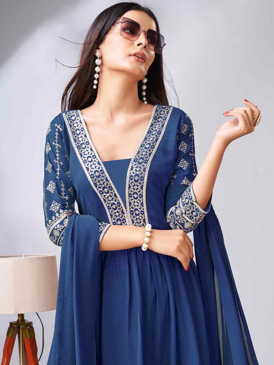 Blue Georgette Embroidered Festival Casual Ready Pant Salwar Kameez