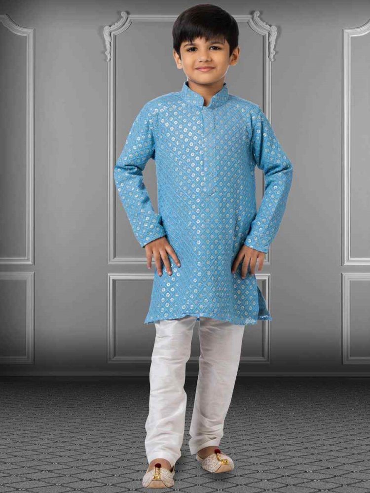 Blue Georgette Embroidered Festival Kurta Pyjama Boys Wear