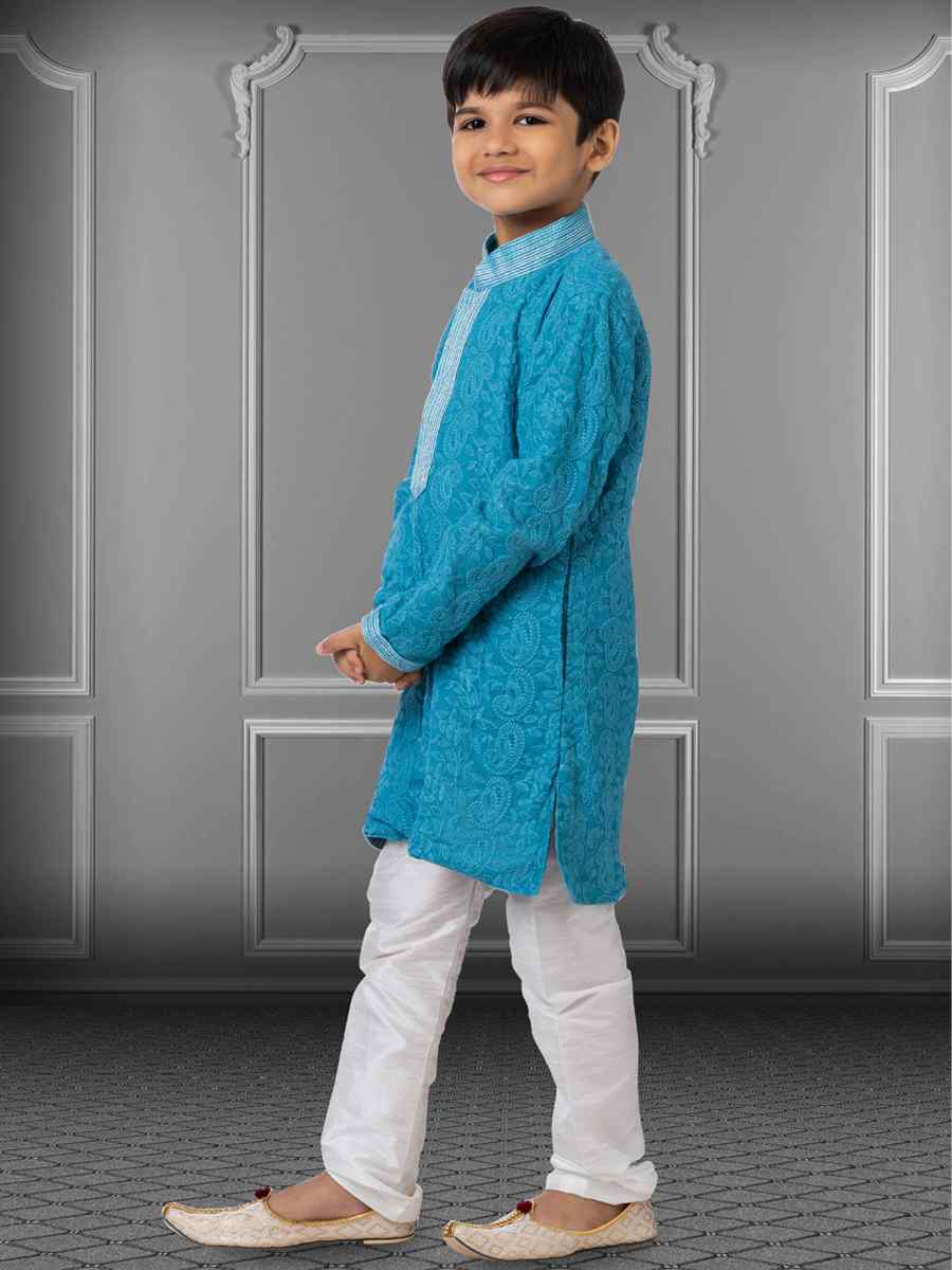 Blue Georgette Embroidered Festival Kurta Pyjama Boys Wear