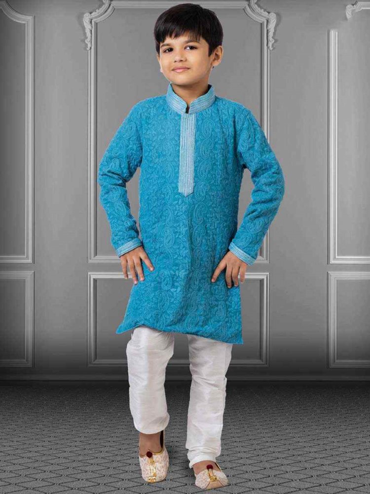 Blue Georgette Embroidered Festival Kurta Pyjama Boys Wear