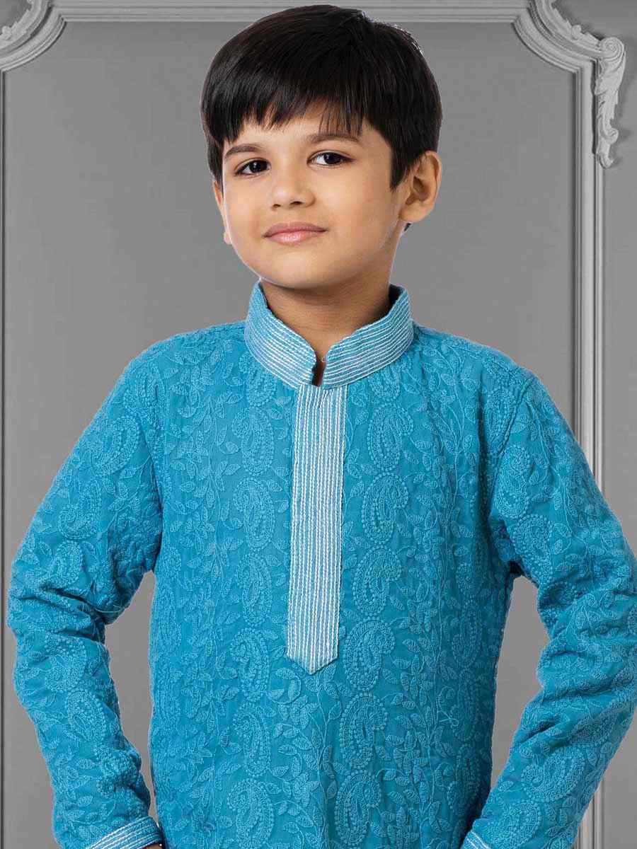 Blue Georgette Embroidered Festival Kurta Pyjama Boys Wear