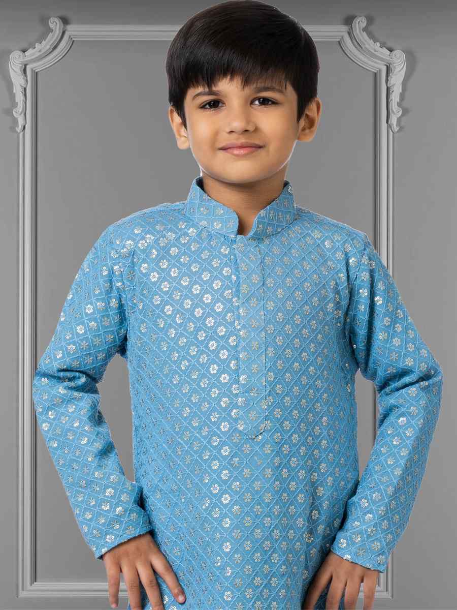 Blue Georgette Embroidered Festival Kurta Pyjama Boys Wear