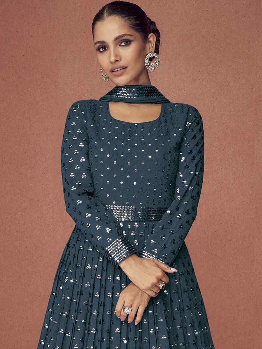Blue Georgette Embroidered Festival Wedding Anarkali Salwar Kameez