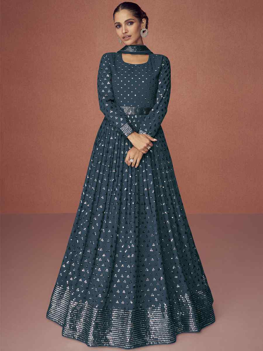 Blue Georgette Embroidered Festival Wedding Anarkali Salwar Kameez