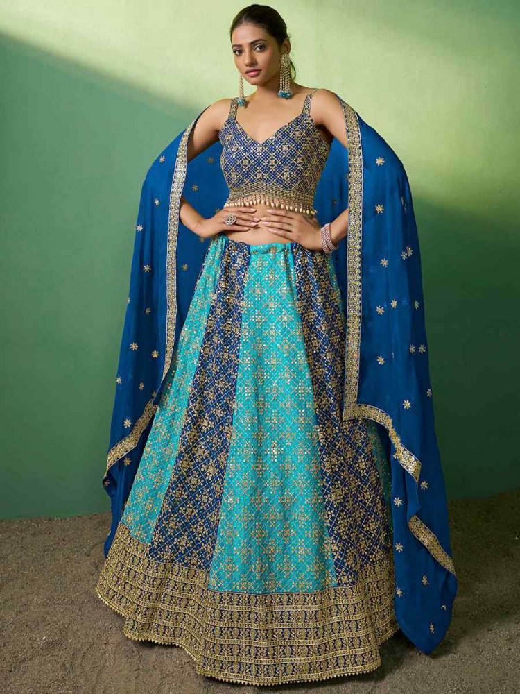 Blue Georgette Embroidered Festival Wedding Circular Lehenga Choli