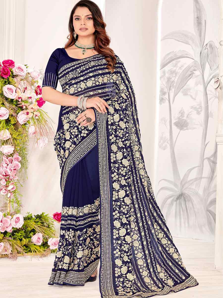 Blue Georgette Embroidered Festival Wedding Fancy Heavy Border Saree