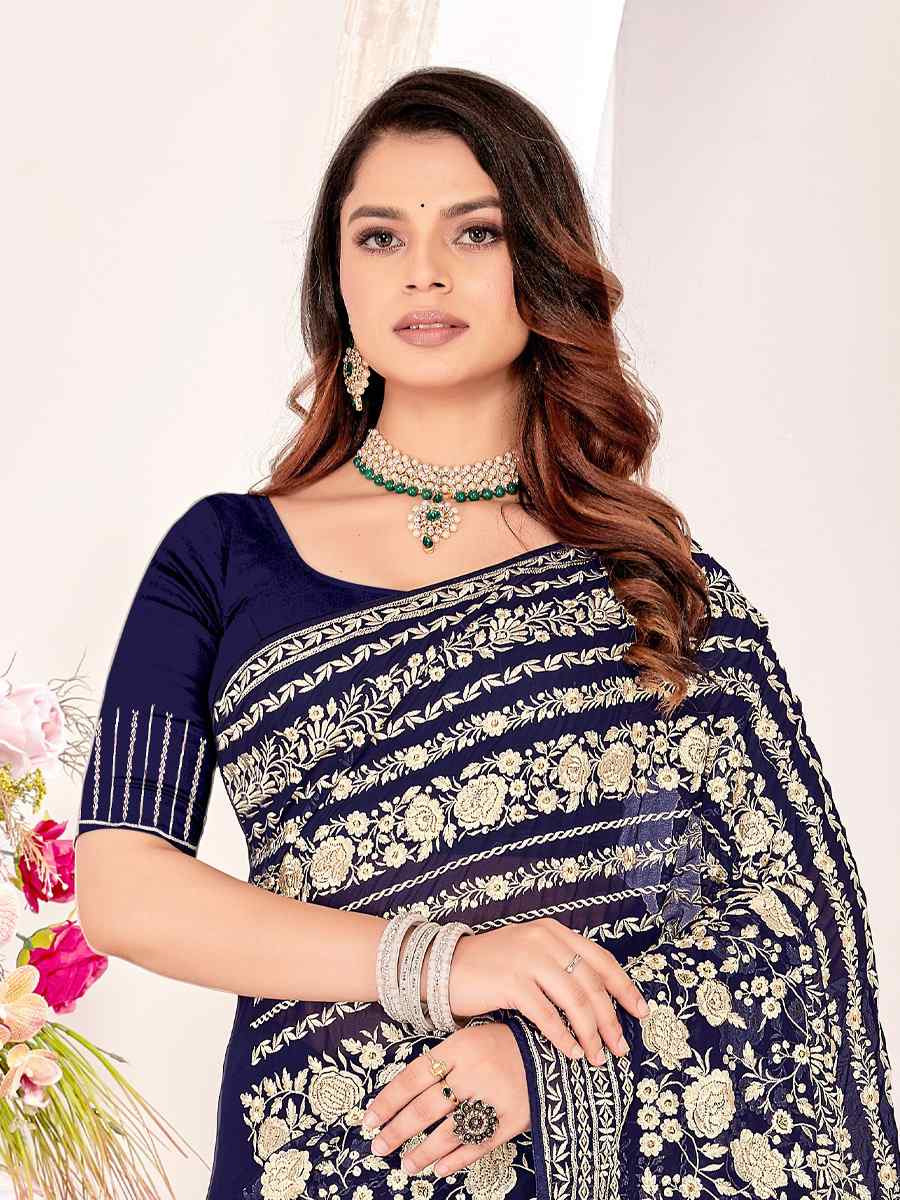 Blue Georgette Embroidered Festival Wedding Fancy Heavy Border Saree