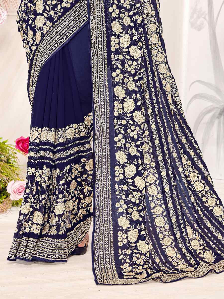 Blue Georgette Embroidered Festival Wedding Fancy Heavy Border Saree