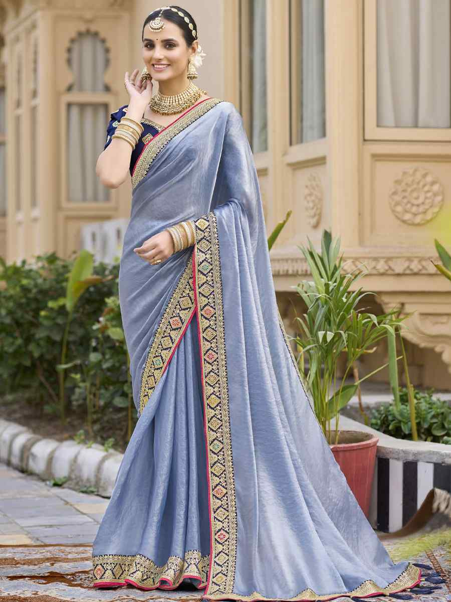 Blue Georgette Embroidered Festival Wedding Fancy Heavy Border Saree