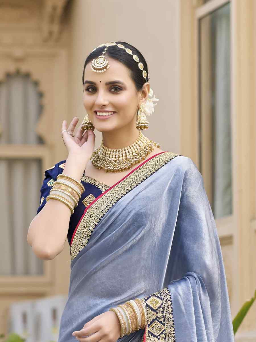Blue Georgette Embroidered Festival Wedding Fancy Heavy Border Saree