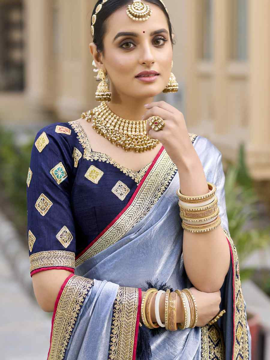 Blue Georgette Embroidered Festival Wedding Fancy Heavy Border Saree