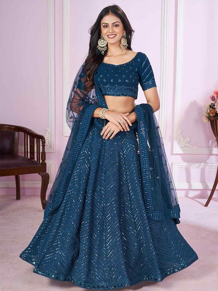Blue Georgette Embroidered Festival Wedding Heavy Border Lehenga Choli