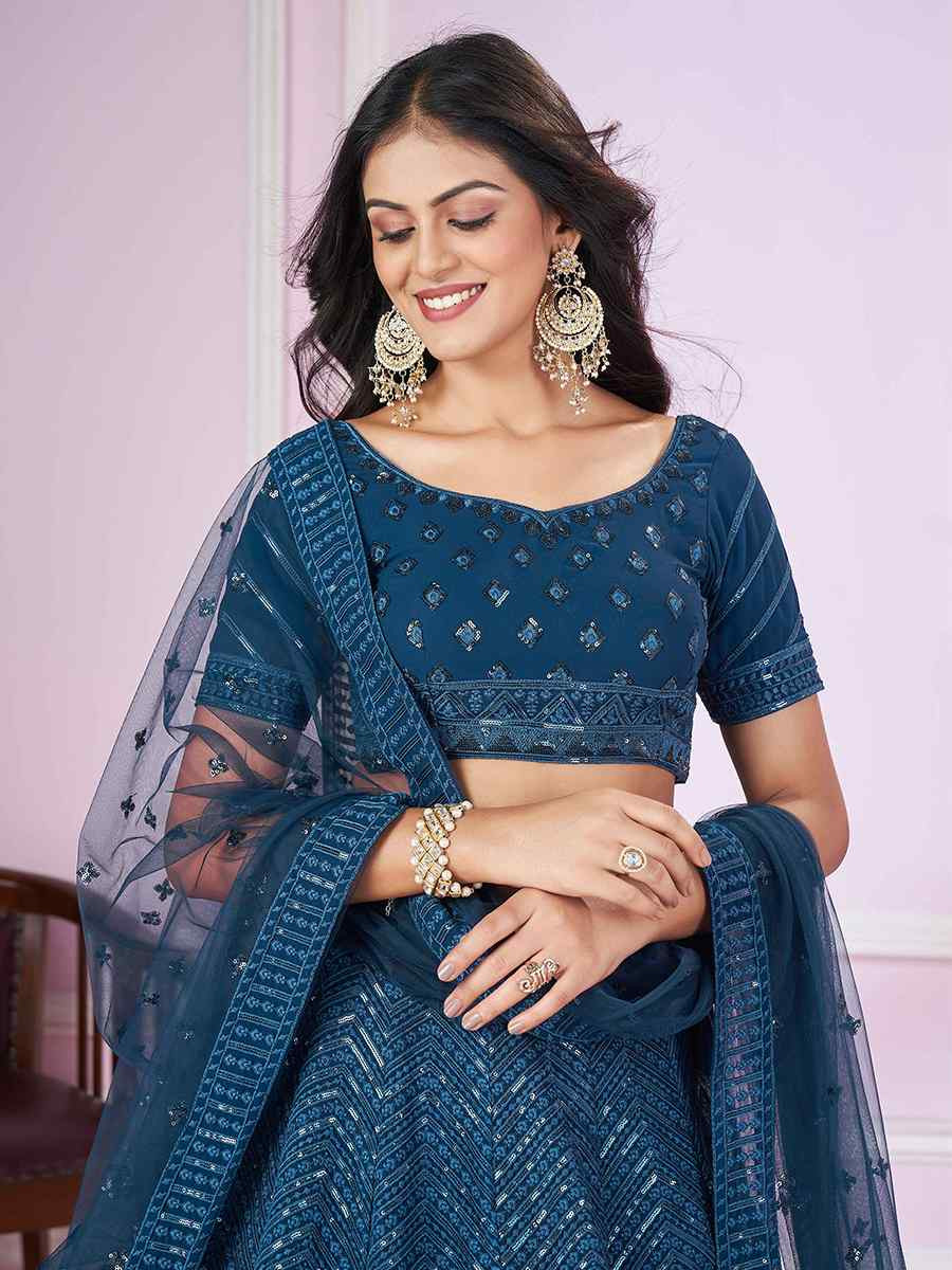 Blue Georgette Embroidered Festival Wedding Heavy Border Lehenga Choli