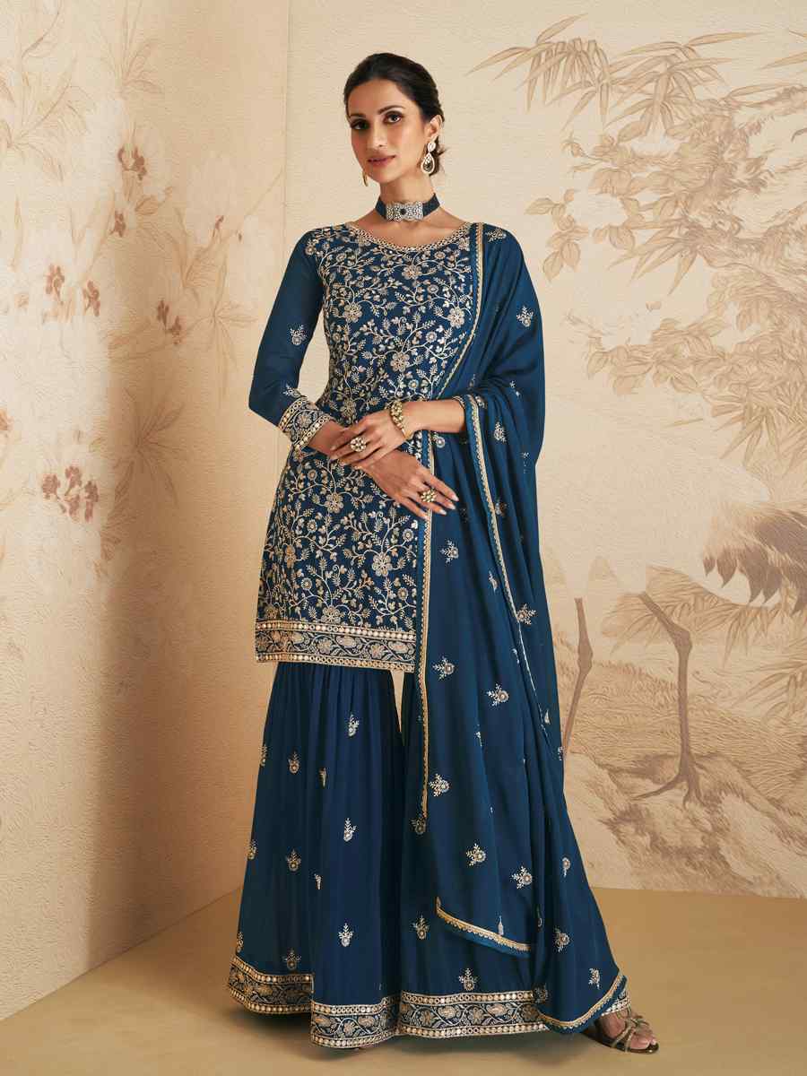 Blue Georgette Embroidered Festival Wedding Palazzo Pant Salwar Kameez