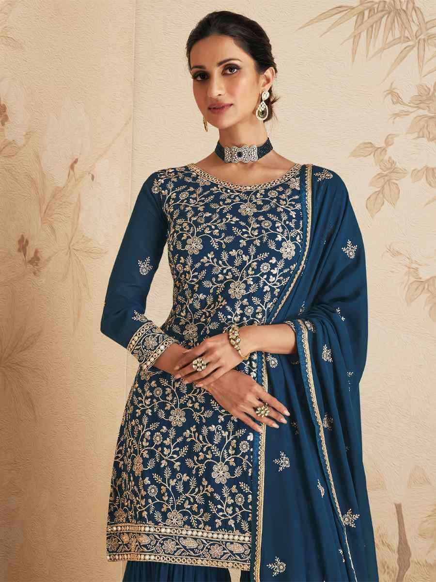 Blue Georgette Embroidered Festival Wedding Palazzo Pant Salwar Kameez