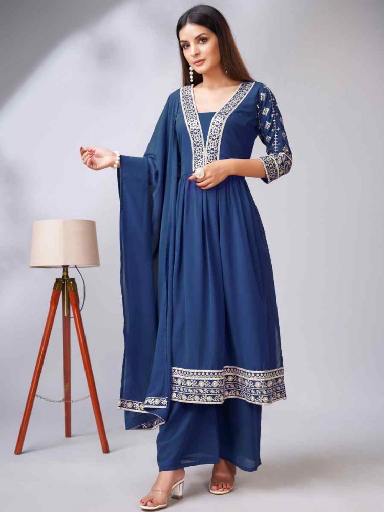 Blue Georgette Embroidered Festival Wedding Ready Palazzo Pant Salwar Kameez