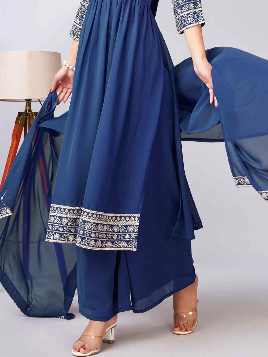 Blue Georgette Embroidered Festival Wedding Ready Palazzo Pant Salwar Kameez