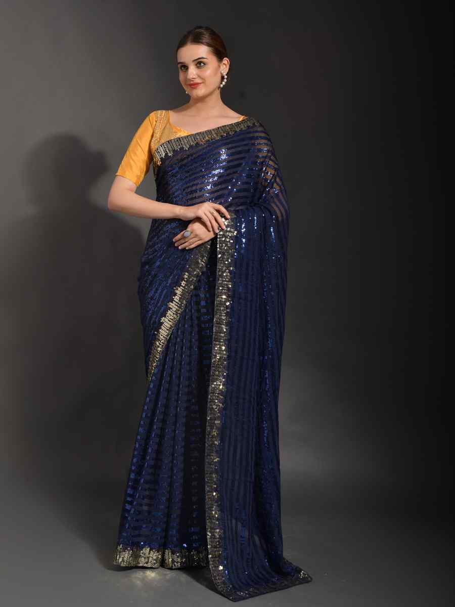 Blue Georgette Embroidered Party Festival Classic Style Saree