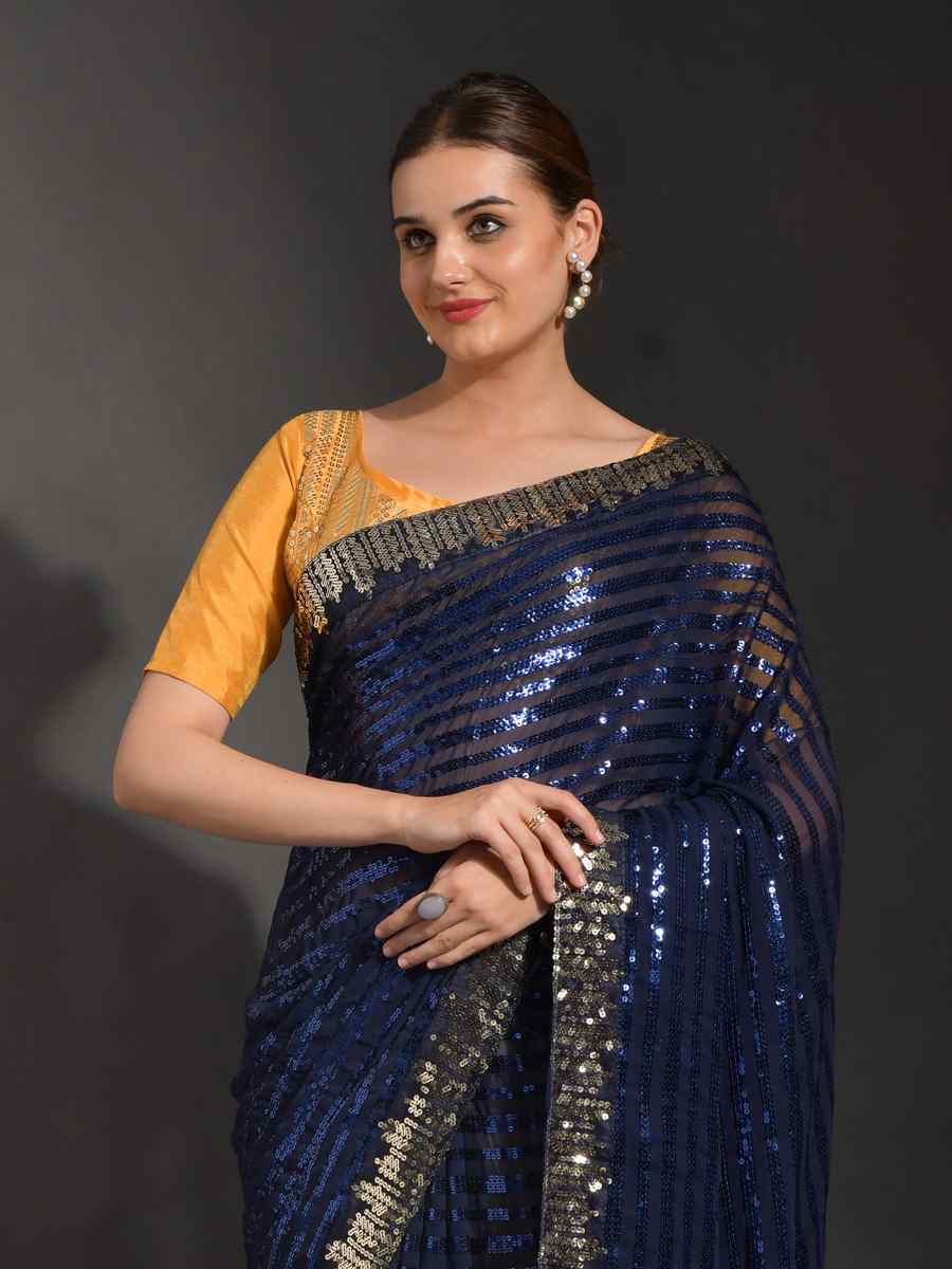 Blue Georgette Embroidered Party Festival Classic Style Saree