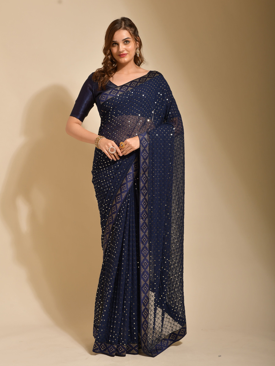 Blue Georgette Embroidered Party Festival Classic Style Saree